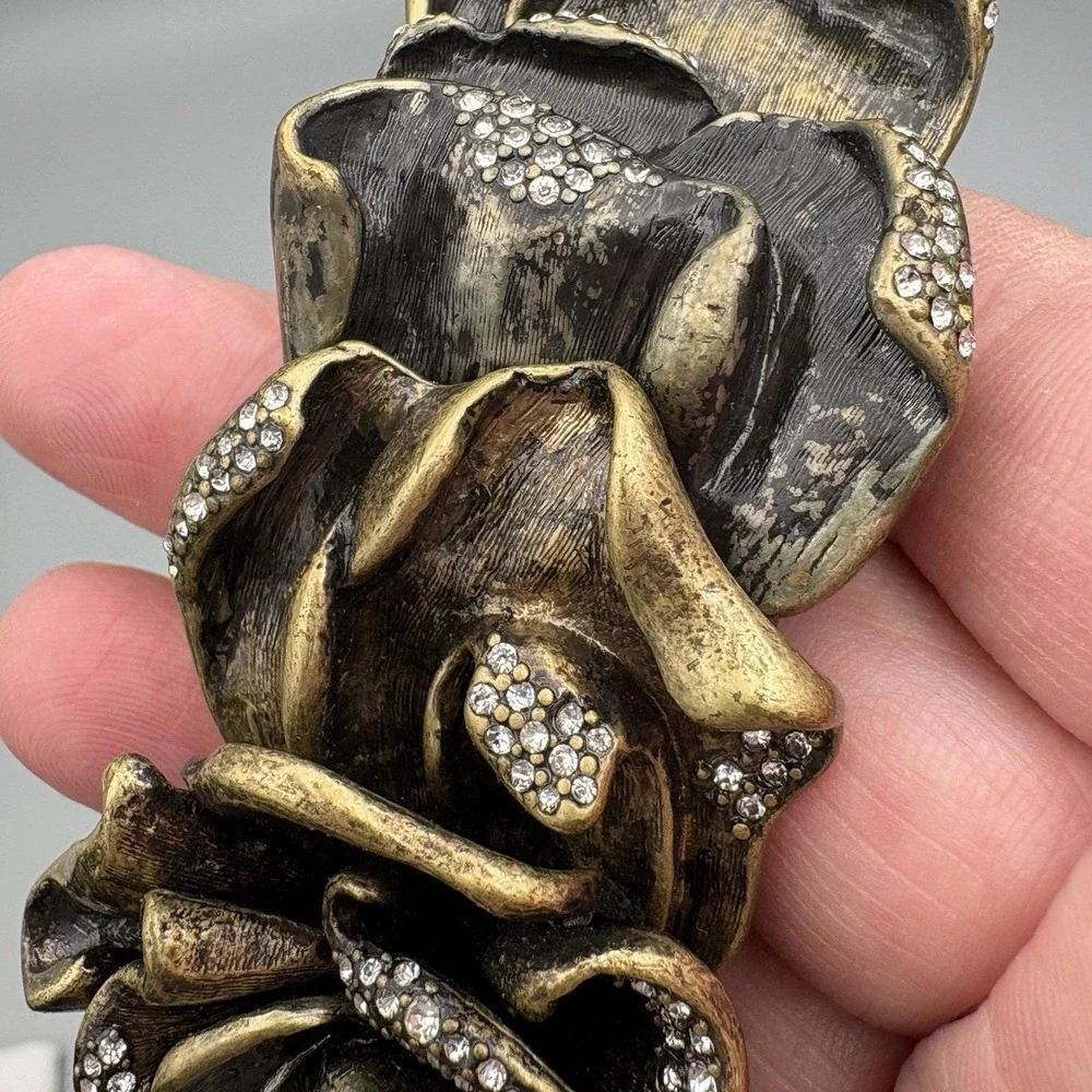 Vintage Rose Statement Bracelet Bronze Crystals Romantic HEAVY